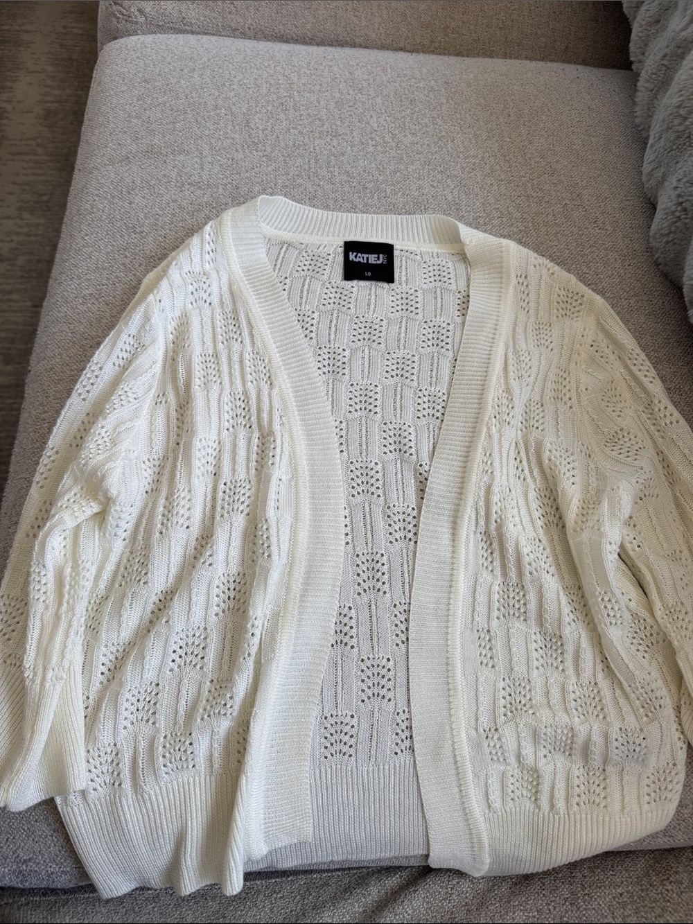 Katie J NYC Cream Open-Front Pointelle Cardigan
